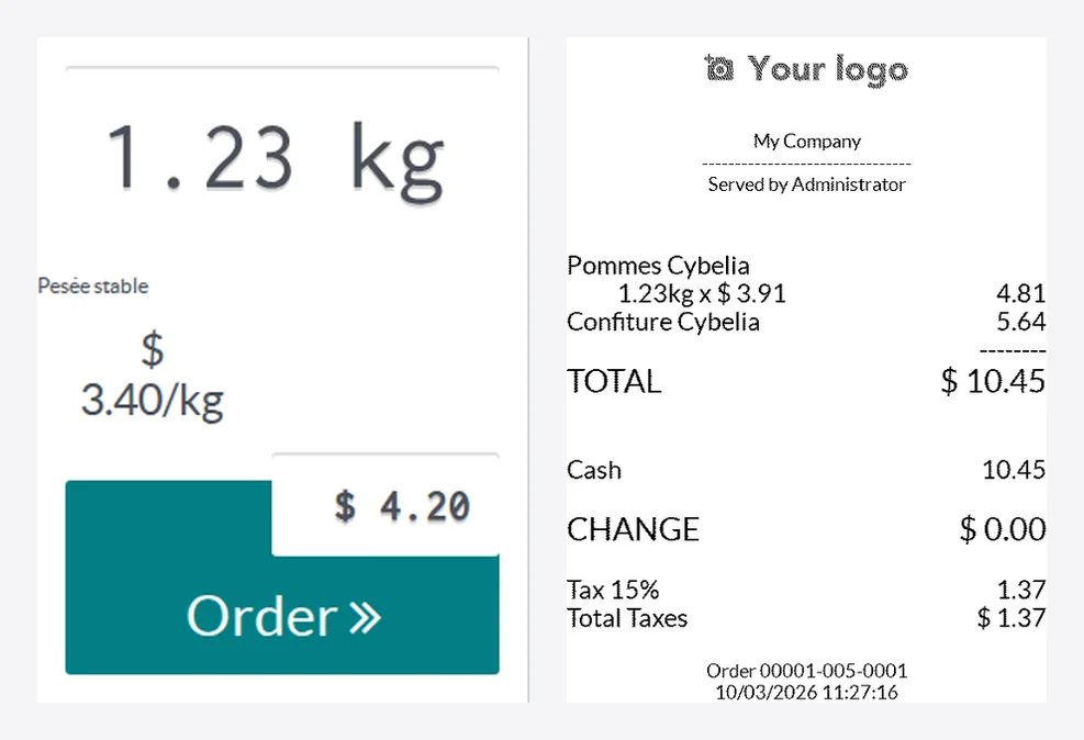 À la caisse Odoo : la pesée lue par la box, et le ticket reçu par l'imprimante (base de test).