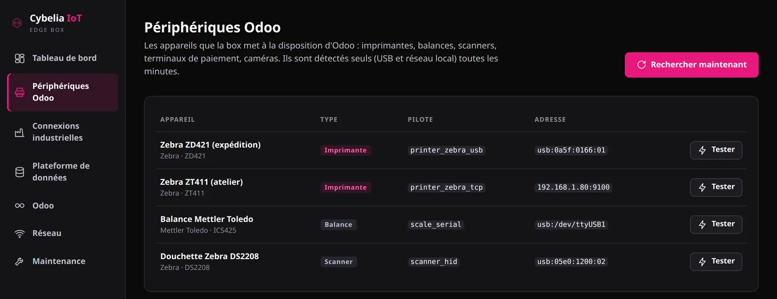 Les périphériques détectés et mis à disposition d'Odoo.